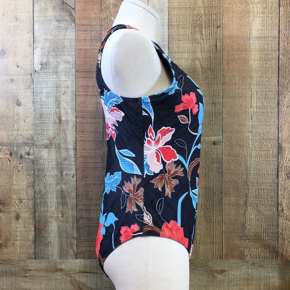 Walk On Beach Swimwear Womens Large Black Blue Floral Keyhole Back One Piece - Picture 9 of 13